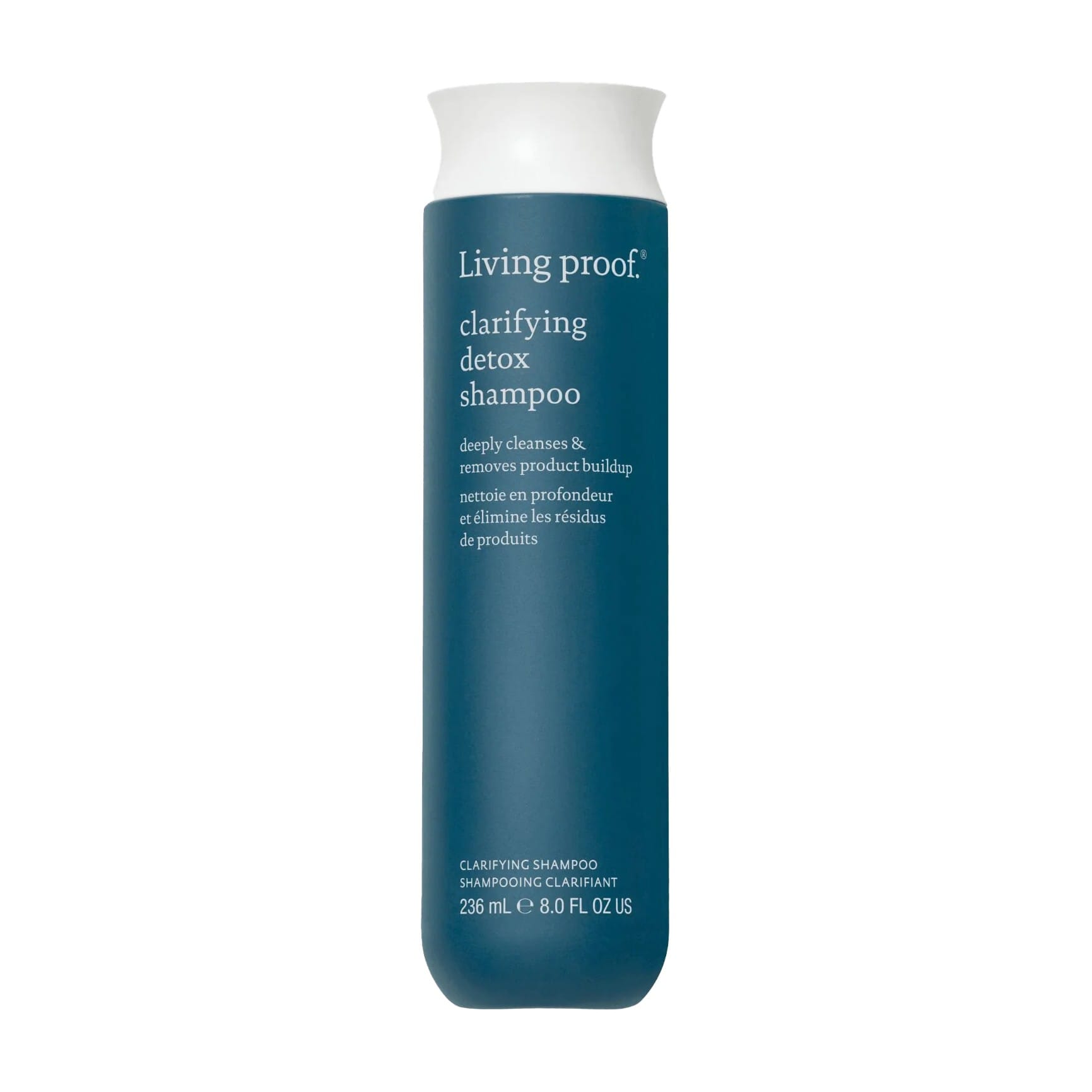 Living Proof Clarifying Detox Shampoo 8 oz bottle on white