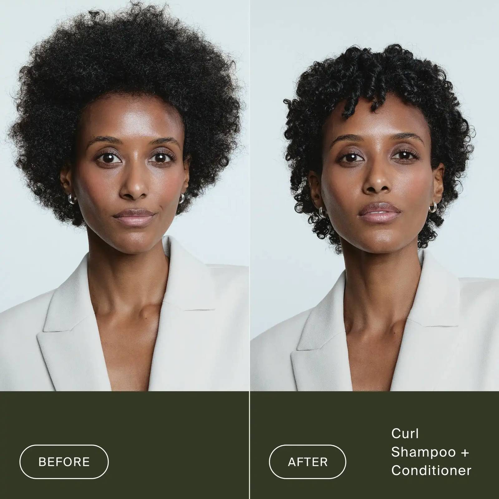 Before and after Living Proof Curl Shampoo and Conditioner turning frizzy coily hair into defined coils