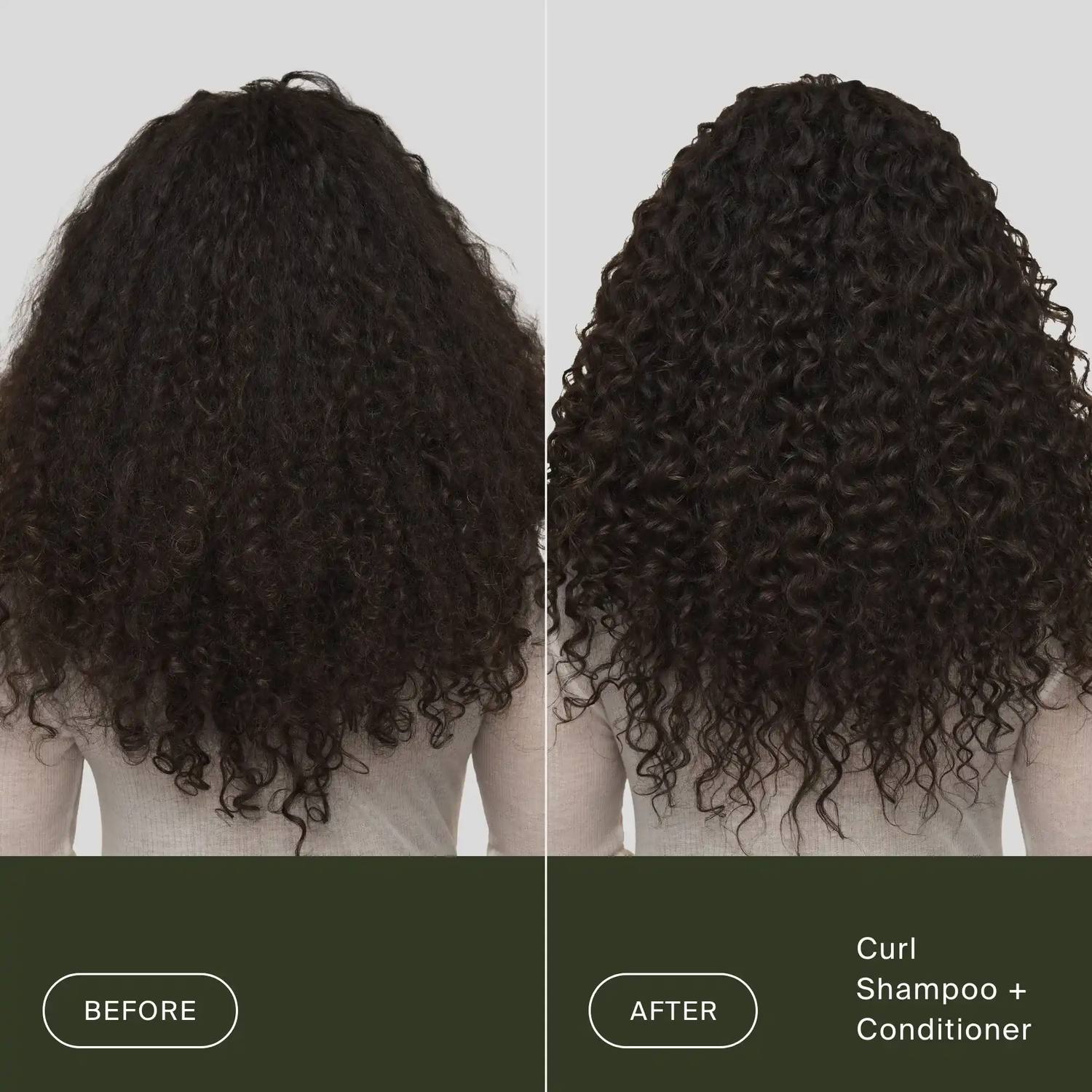 Before and after Living Proof Curl Shampoo and Conditioner on long frizzy curly hair for defined curls