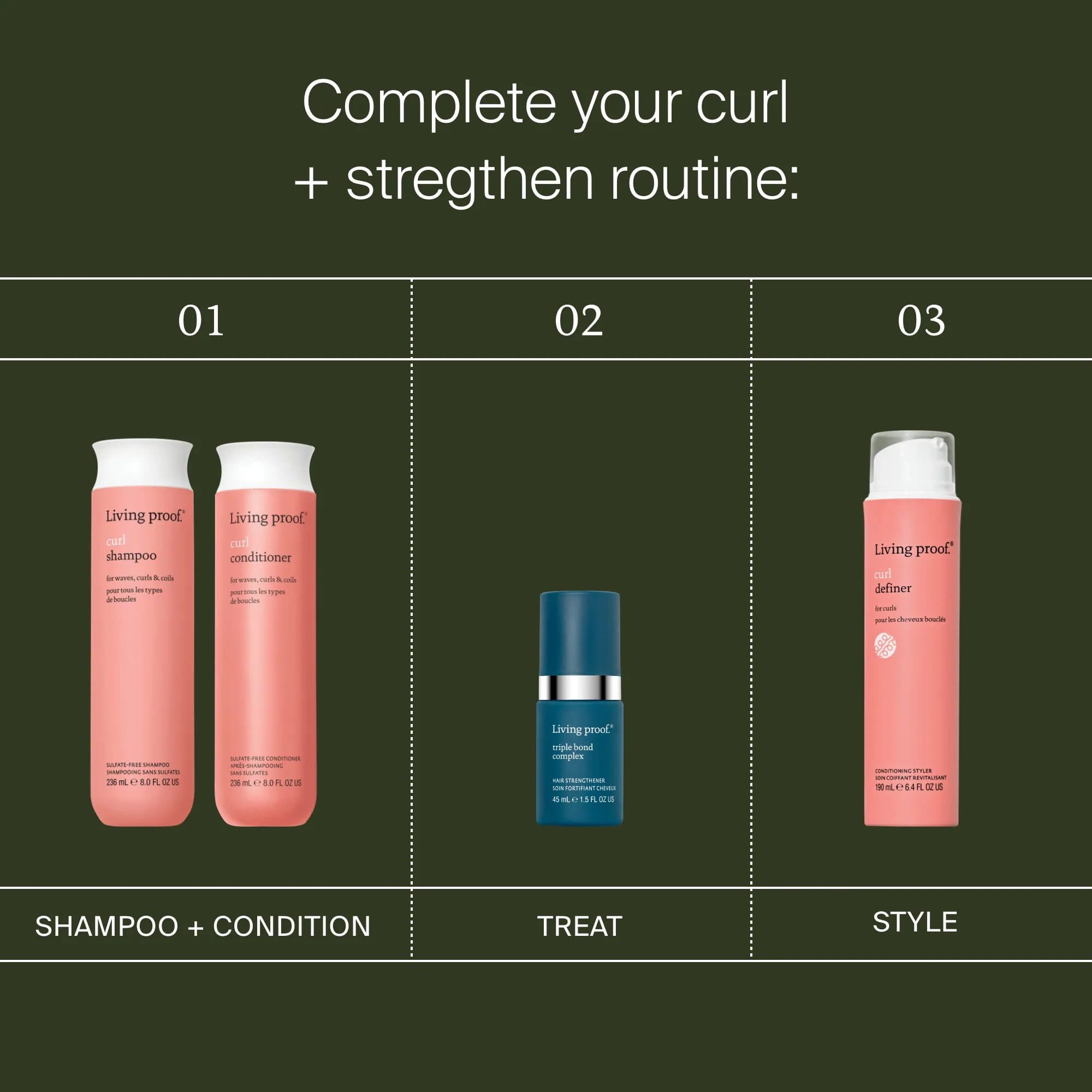 Living Proof curl routine with Curl Shampoo and Conditioner Triple Bond Complex and Curl Definer