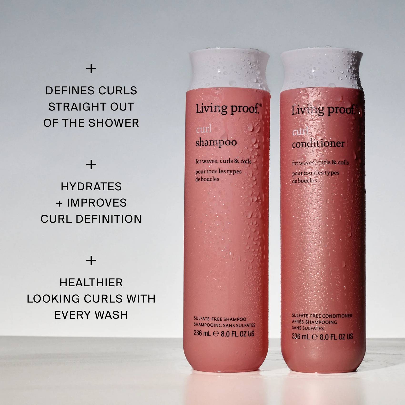Living Proof shampoo and conditioner collection including Curl for 3x stronger curls plus Full No Frizz and Restore