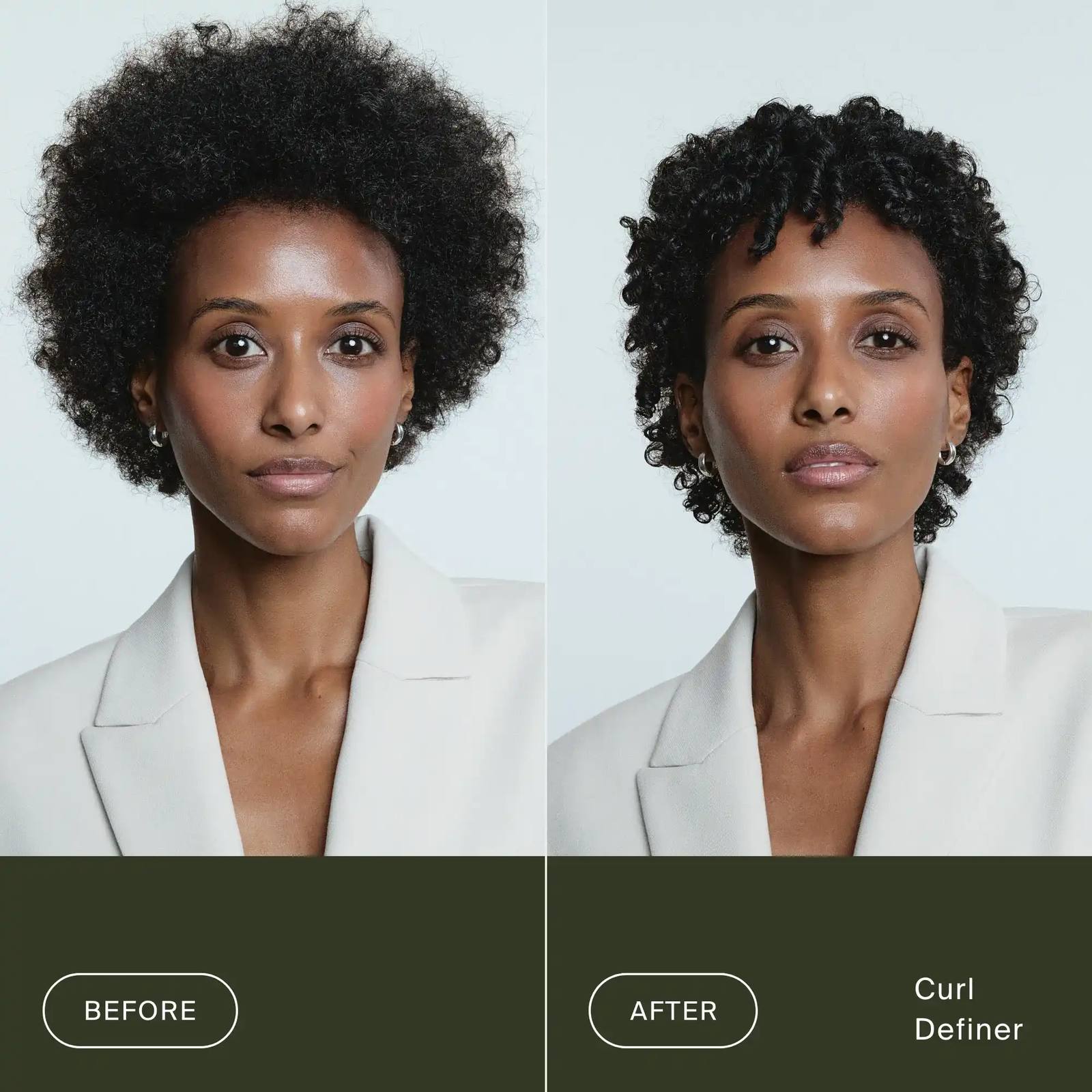 Before and after Living Proof Curl Definer turning frizzy coily hair into defined coils