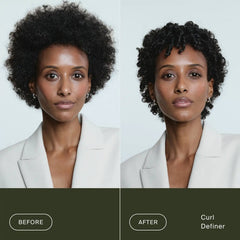 Before and after Living Proof Curl Definer turning frizzy coily hair into defined coils