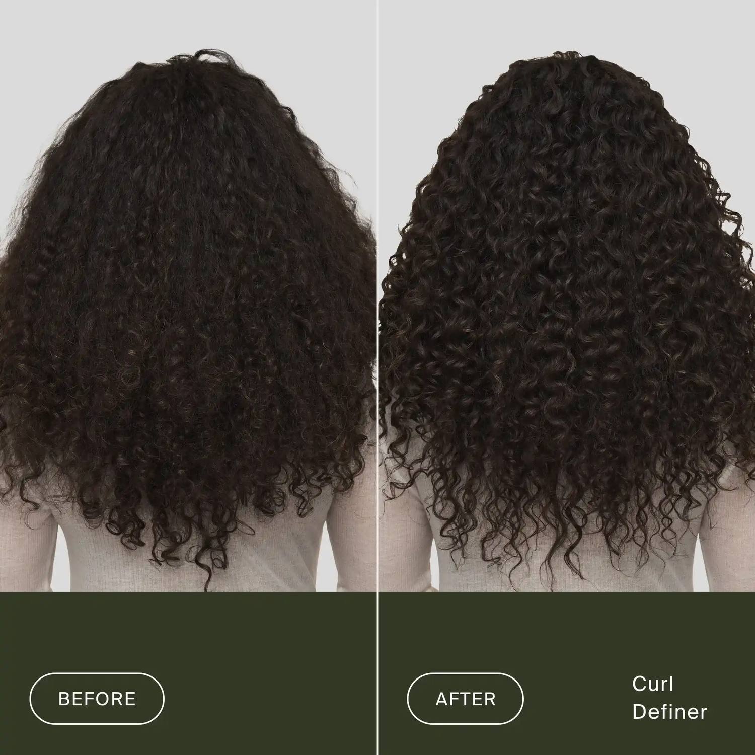 Before and after Living Proof Curl Definer on long frizzy curly hair for defined bouncy curls