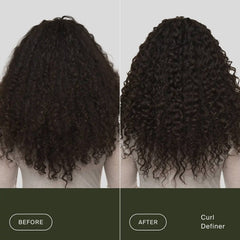 Before and after Living Proof Curl Definer on long frizzy curly hair for defined bouncy curls