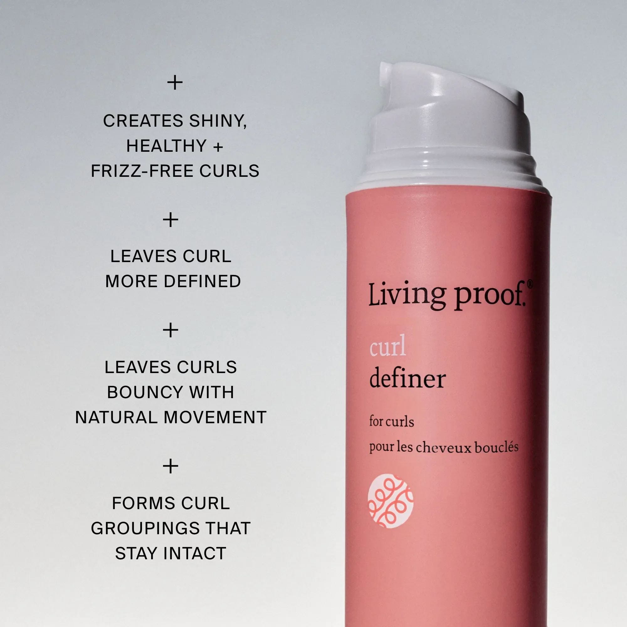 Living Proof Curl Definer pump bottle with benefits for shiny healthy frizz free curls with natural movement
