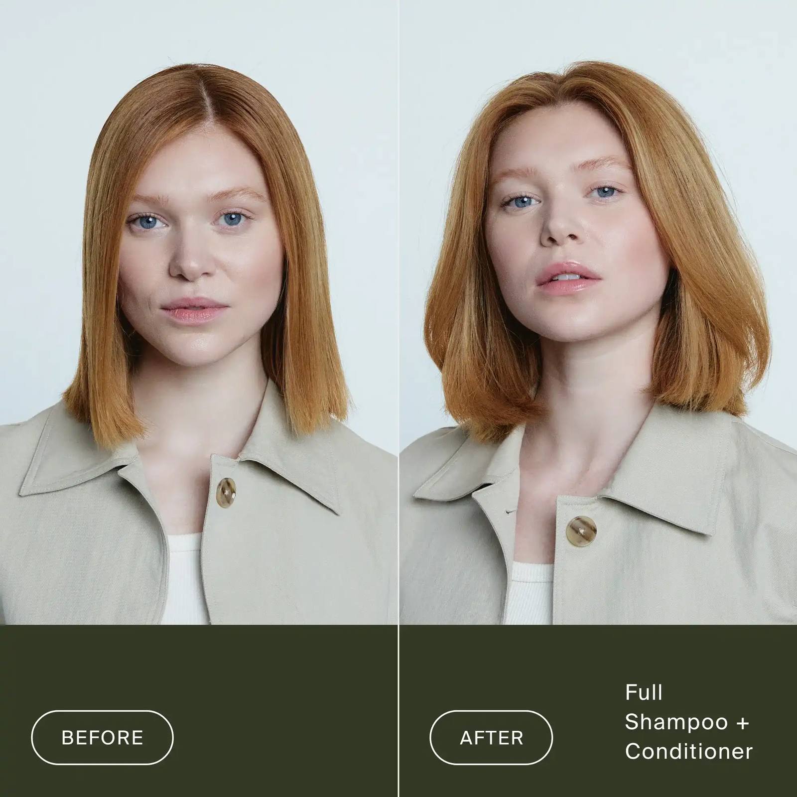 Before and after Living Proof Full Shampoo and Conditioner on a flat red bob for fuller hair with more volume