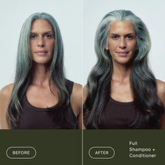 Before and after Living Proof Full Shampoo and Conditioner on long flat gray hair for lifted voluminous waves