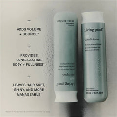 Living Proof Full Shampoo and Full Conditioner bottles with water droplets and benefits for volume bounce and body