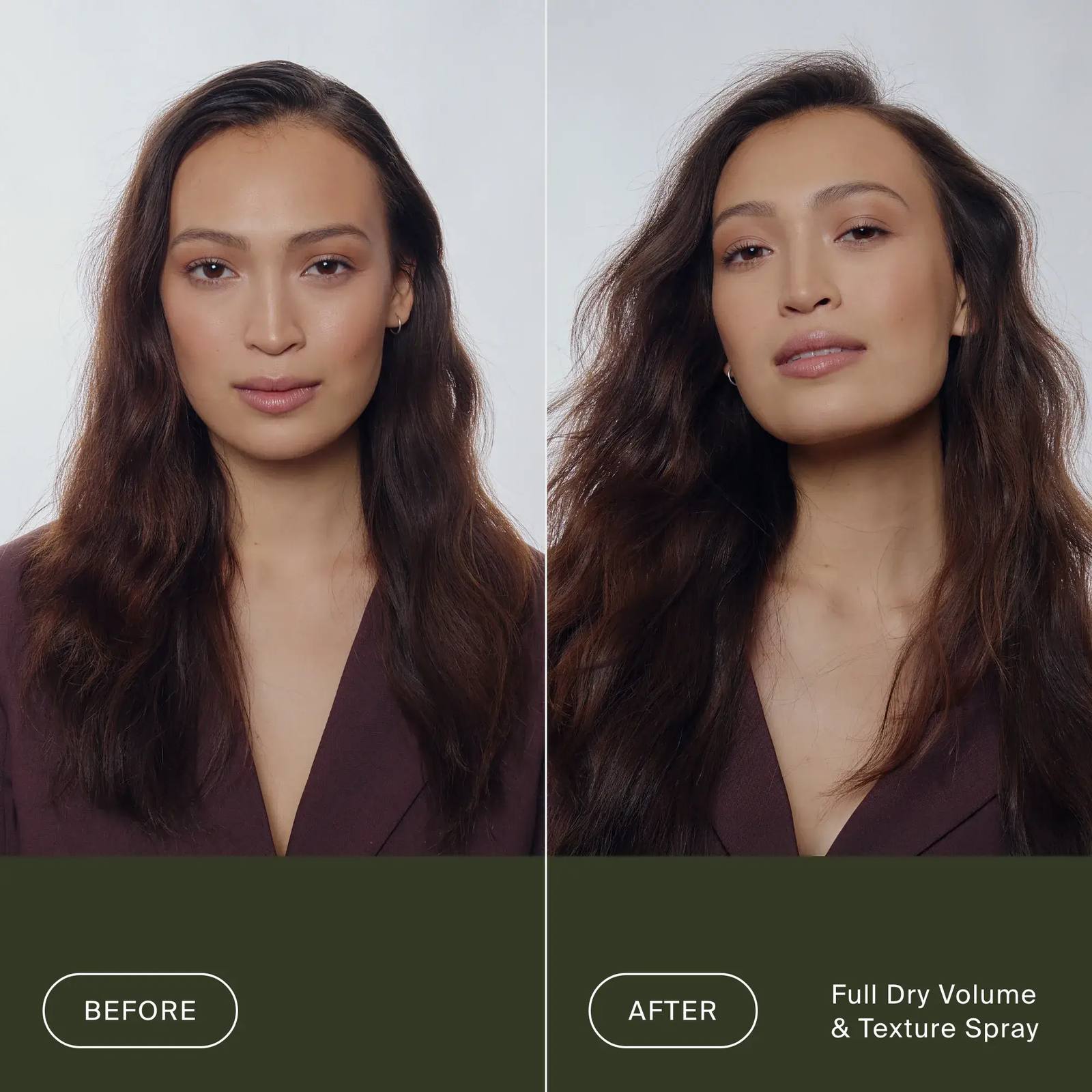 Before and after Living Proof Full Dry Volume and Texture Spray on flat brunette waves for lifted tousled volume