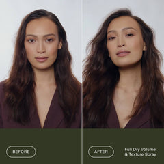 Before and after Living Proof Full Dry Volume and Texture Spray on flat brunette waves for lifted tousled volume