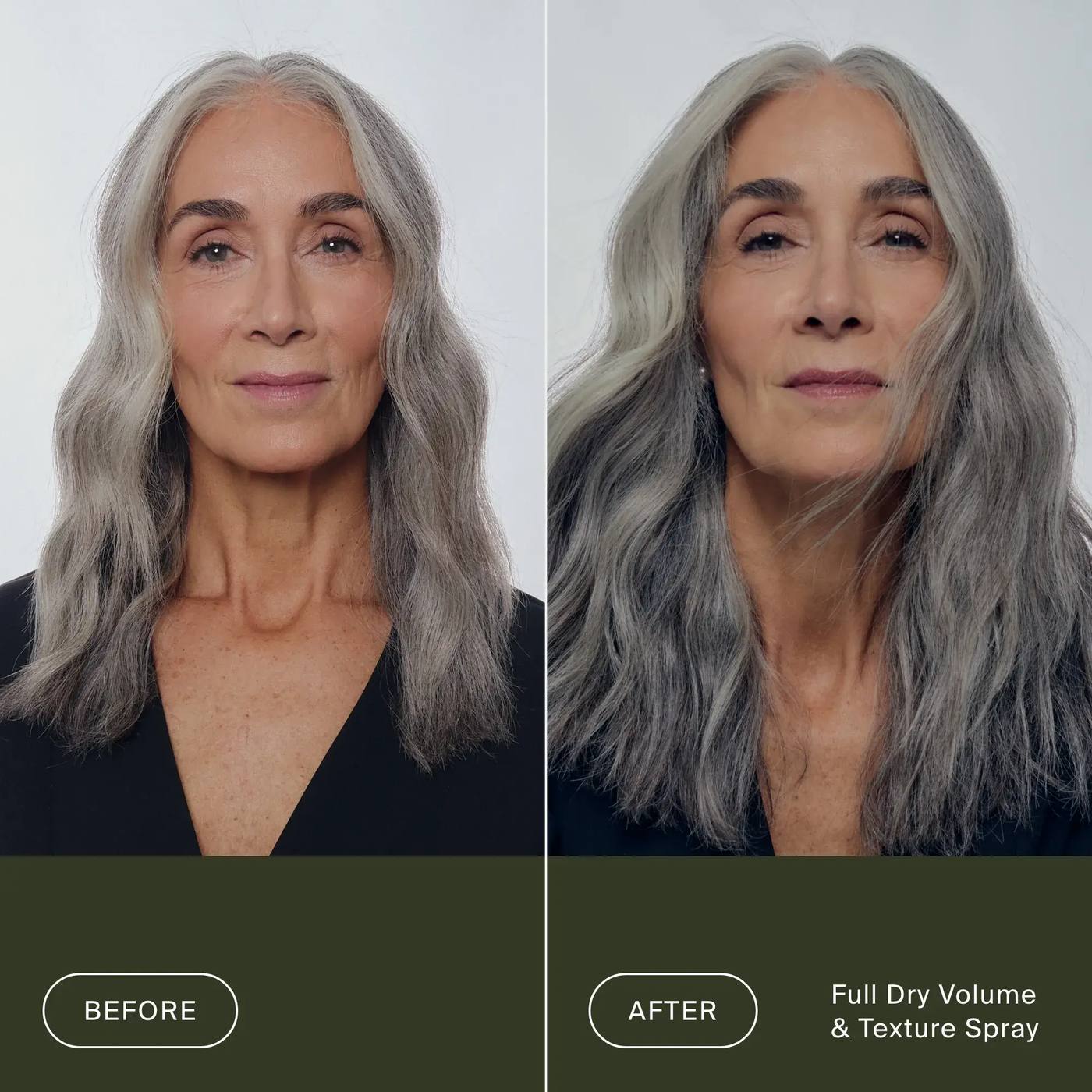 Before and after Living Proof Full Dry Volume and Texture Spray on flat gray waves for fuller textured hair