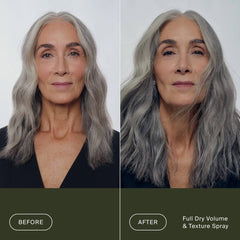 Before and after Living Proof Full Dry Volume and Texture Spray on flat gray waves for fuller textured hair