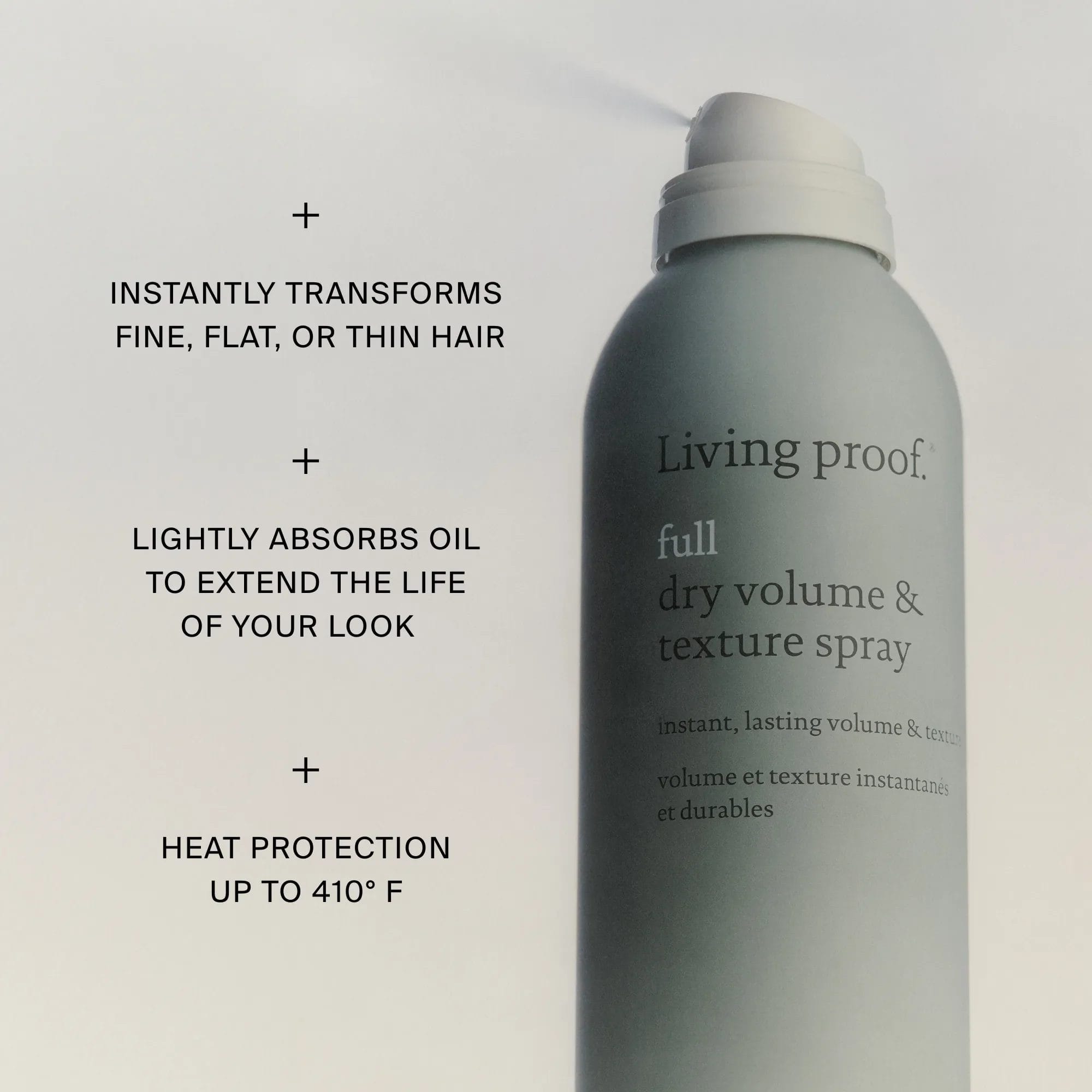 Living Proof Full Dry Volume and Texture Spray benefits for fine flat hair with oil absorption and heat protection to 410F