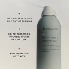 Living Proof Full Dry Volume and Texture Spray benefits for fine flat hair with oil absorption and heat protection to 410F