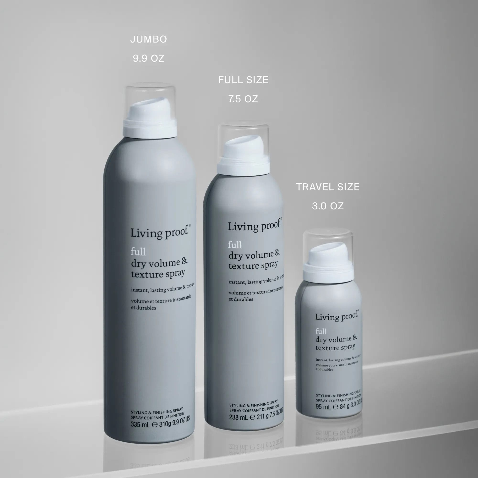 Living Proof Full Dry Volume and Texture Spray in jumbo 9.9 oz full size 7.5 oz and travel size 3 oz cans