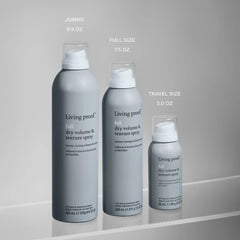 Living Proof Full Dry Volume and Texture Spray in jumbo 9.9 oz full size 7.5 oz and travel size 3 oz cans