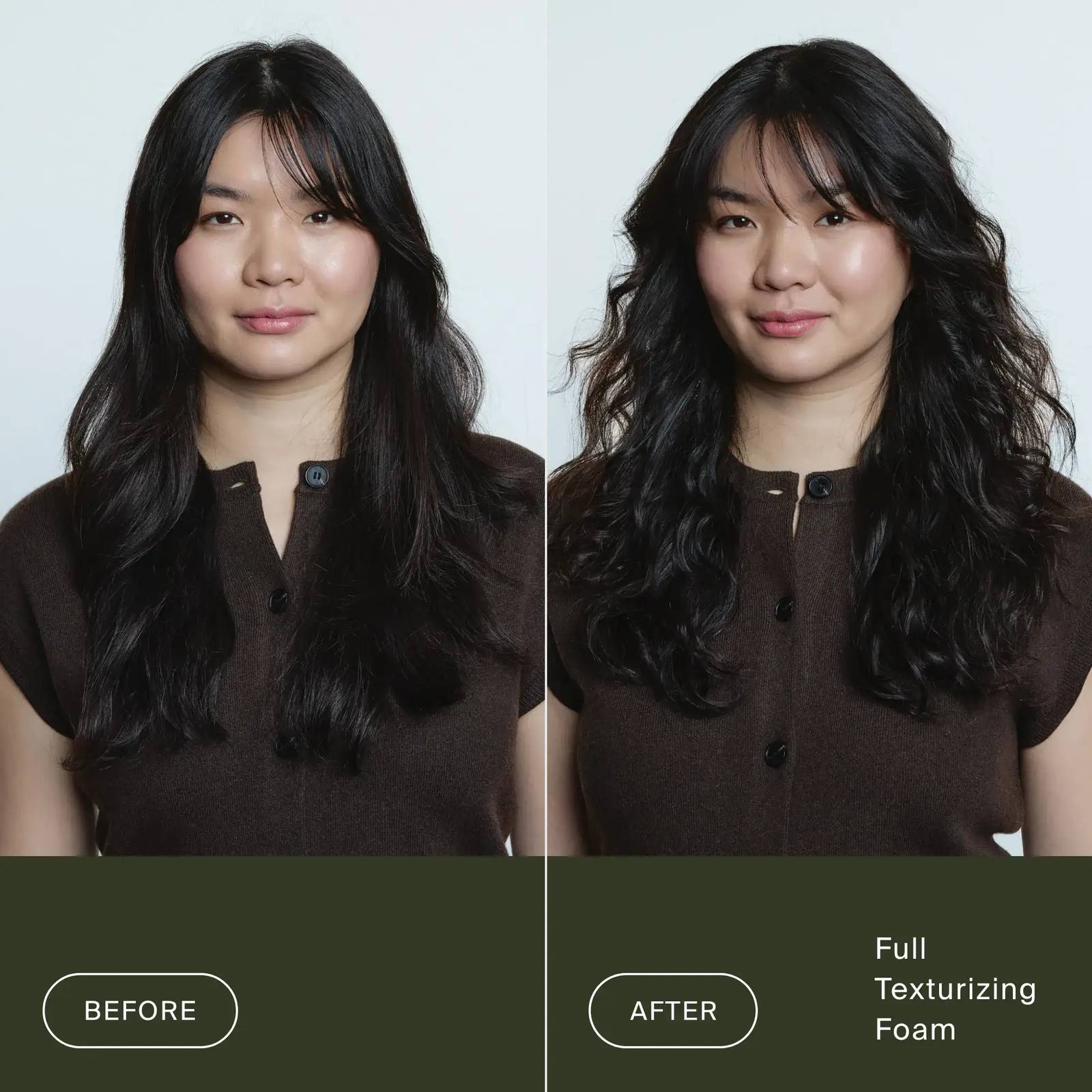 Before and after Living Proof Full Texturizing Foam on long dark hair for textured voluminous waves