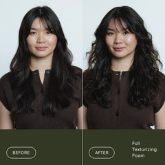 Before and after Living Proof Full Texturizing Foam on long dark hair for textured voluminous waves
