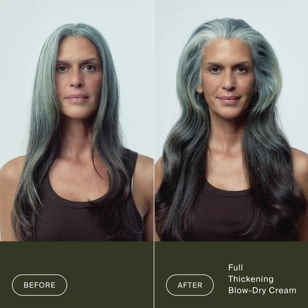 Before and after Living Proof Full Thickening Blow-Dry Cream on long gray hair for lifted thicker-looking volume