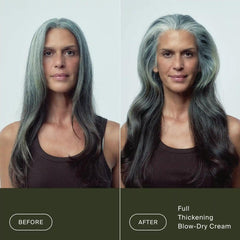 Before and after Living Proof Full Thickening Blow-Dry Cream on long gray hair for lifted thicker-looking volume
