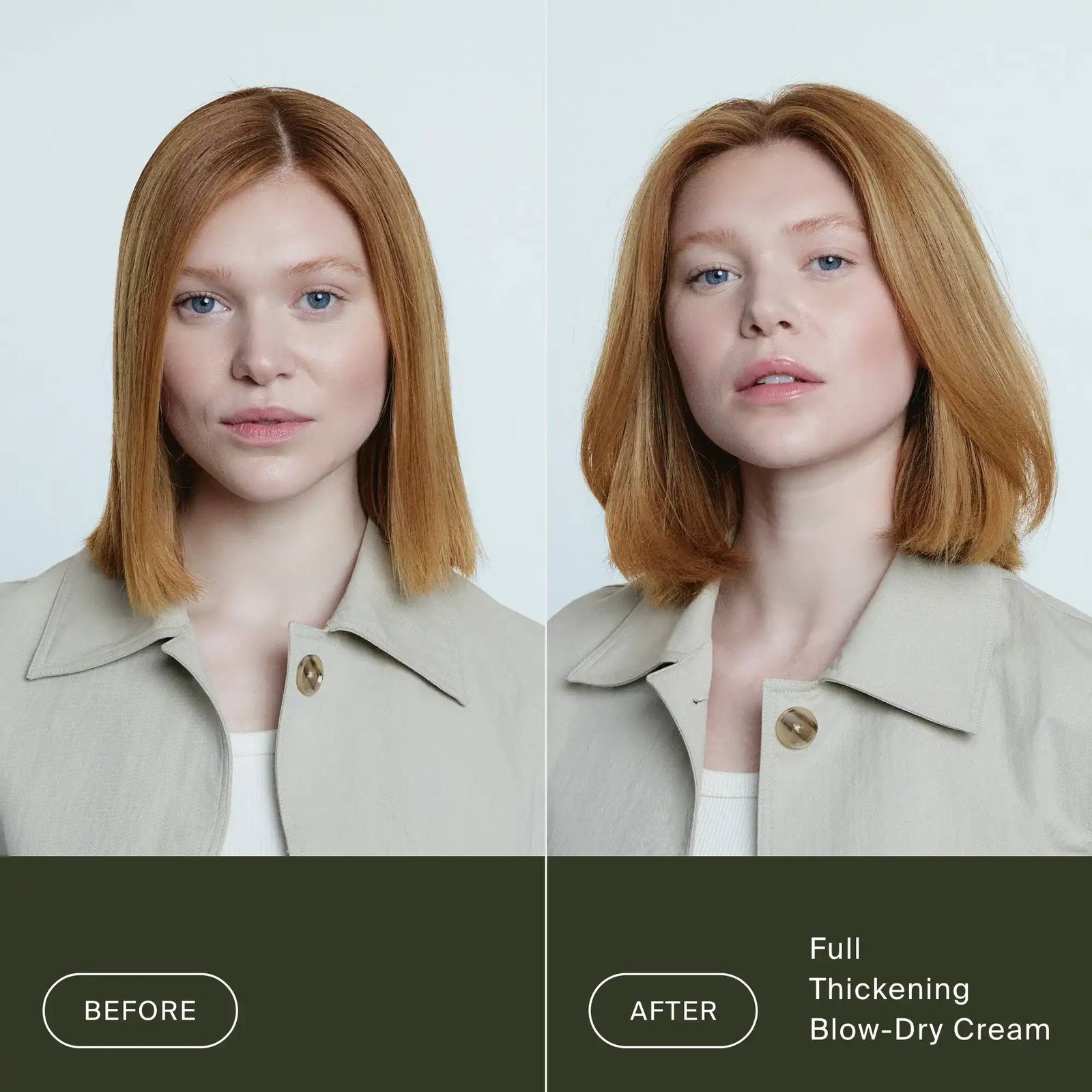 Before and after Living Proof Full Thickening Blow-Dry Cream on a flat red bob for a fuller thicker blowout