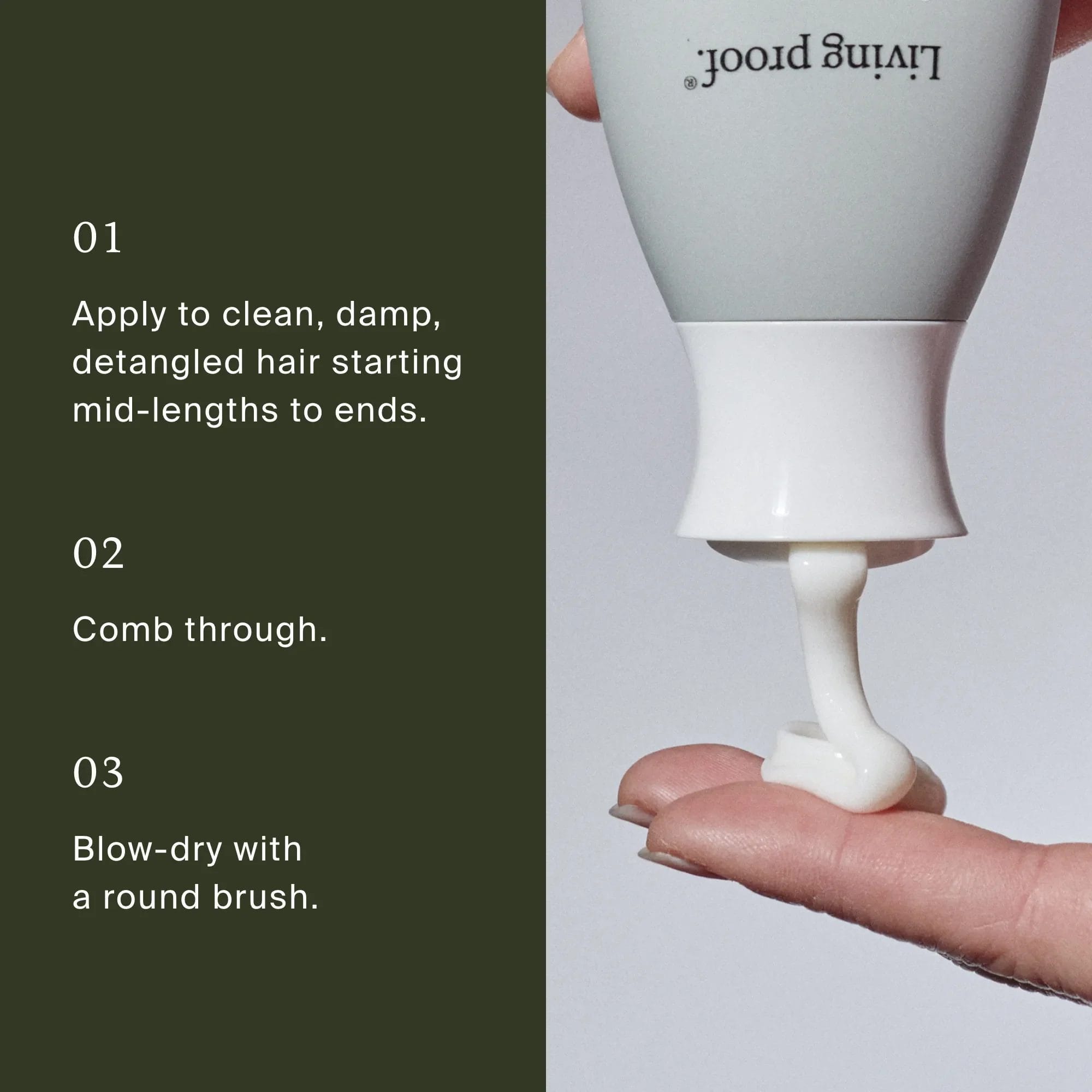 How to use Living Proof Full Thickening Blow-Dry Cream on damp hair then comb through and blow-dry with a round brush