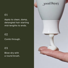 How to use Living Proof Full Thickening Blow-Dry Cream on damp hair then comb through and blow-dry with a round brush