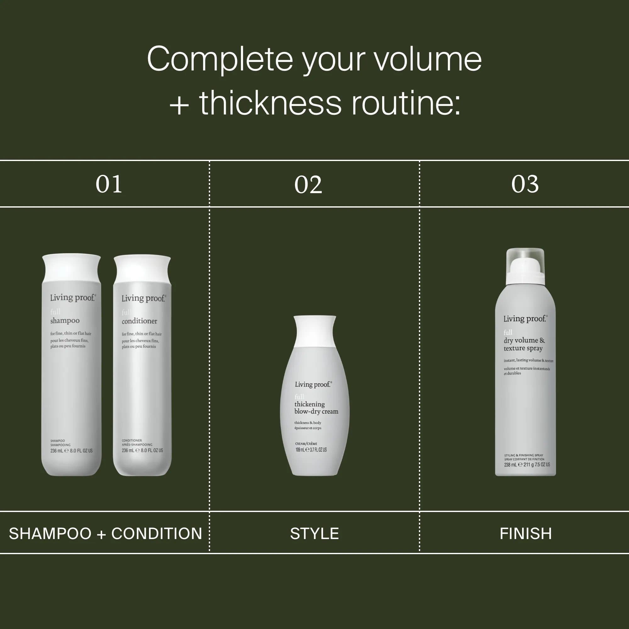 Living Proof volume routine with Full Shampoo and Conditioner Thickening Blow-Dry Cream and Dry Volume Spray
