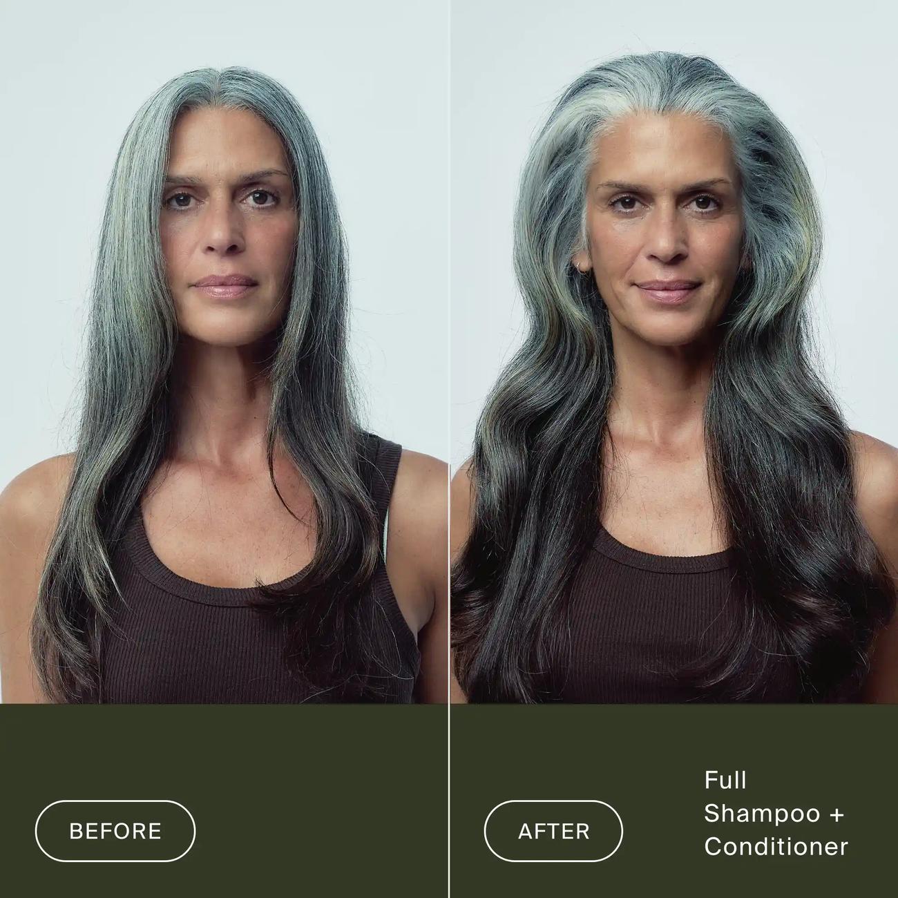 Before and after Living Proof Full Shampoo and Conditioner adding volume to long gray hair