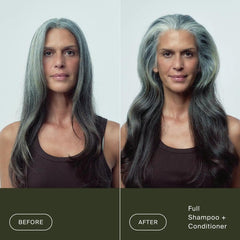 Before and after Living Proof Full Shampoo and Conditioner adding volume to long gray hair