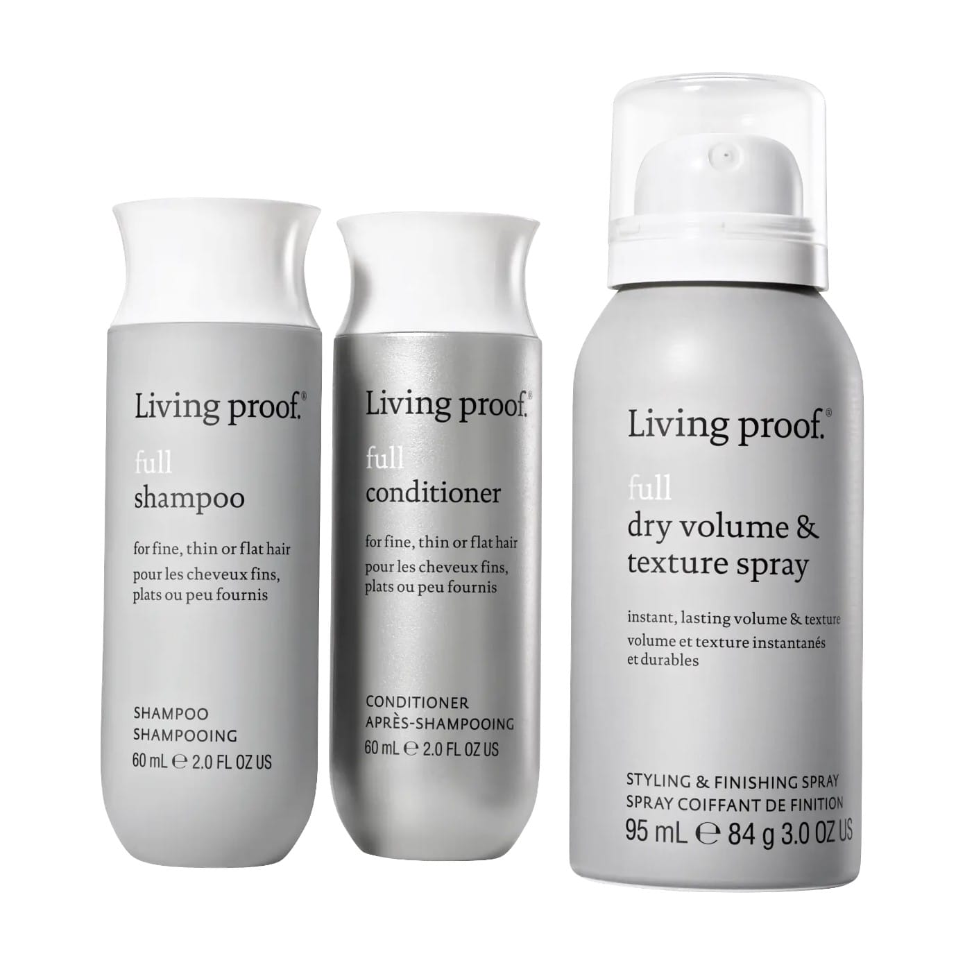Living Proof Full Volume and Texture Set with shampoo conditioner and dry volume texture spray on white