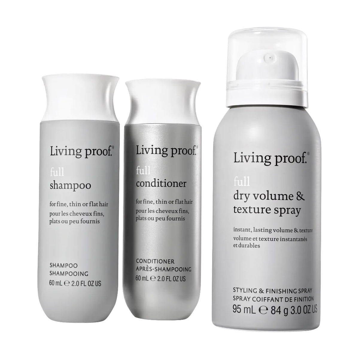 Living Proof Full Volume and Texture Set with shampoo conditioner and dry volume texture spray on white