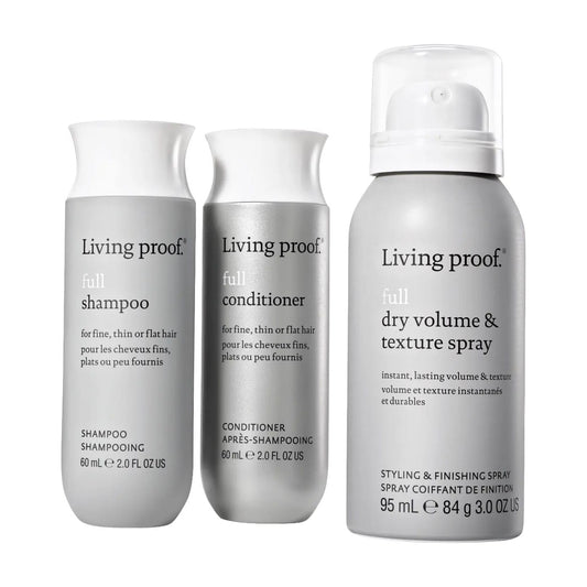 Living Proof Full Volume and Texture Set with shampoo conditioner and dry volume texture spray on white