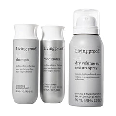 Living Proof Full Volume and Texture Set with shampoo conditioner and dry volume texture spray on white