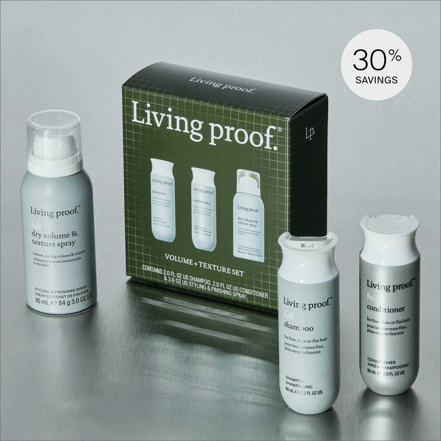 Living Proof Full Volume and Texture Set gift box with shampoo conditioner and texture spray at 30 percent savings