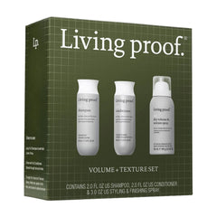 Living Proof Full Volume and Texture Set green gift box with travel size shampoo conditioner and spray
