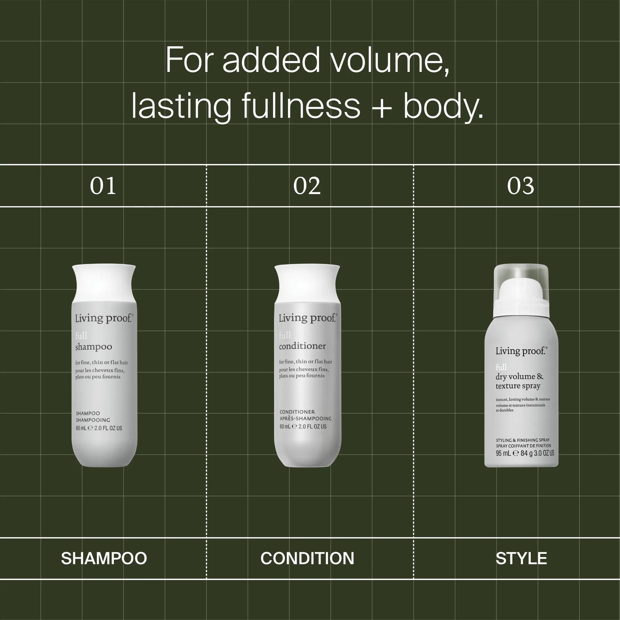 Living Proof Full Volume and Texture Set routine to shampoo condition and style for lasting fullness