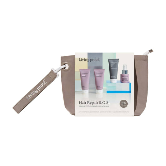 Living Proof Hair Repair SOS discovery kit with Restore shampoo conditioner and Perfecting Spray in a taupe zip pouch