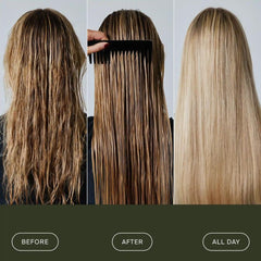 Before after and all day results of Living Proof Leave-In Conditioning Spray on long tangled blonde hair