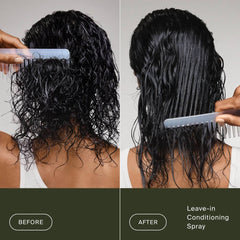Before and after Living Proof Leave-In Conditioning Spray on tangled wet curly hair combed smooth and detangled