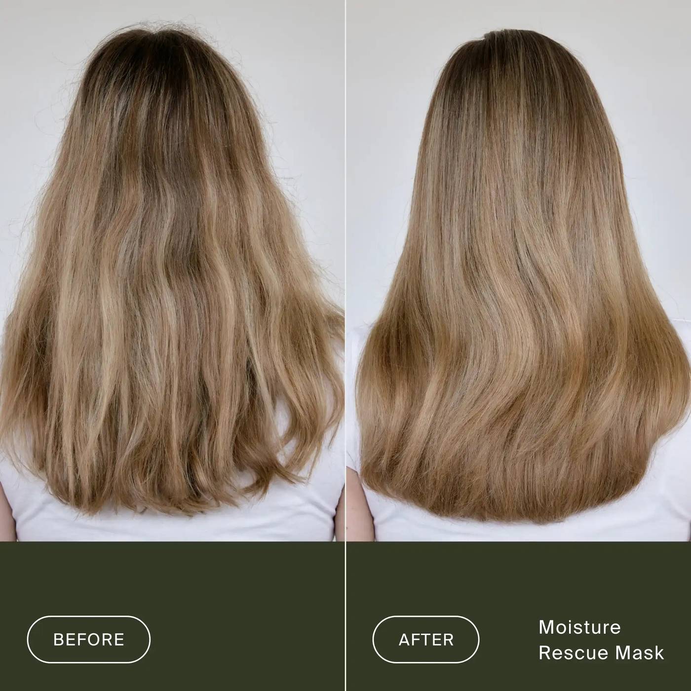 Before and after Living Proof Moisture Rescue Mask on dry frizzy blonde hair for soft smooth glossy hair