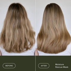 Before and after Living Proof Moisture Rescue Mask on dry frizzy blonde hair for soft smooth glossy hair