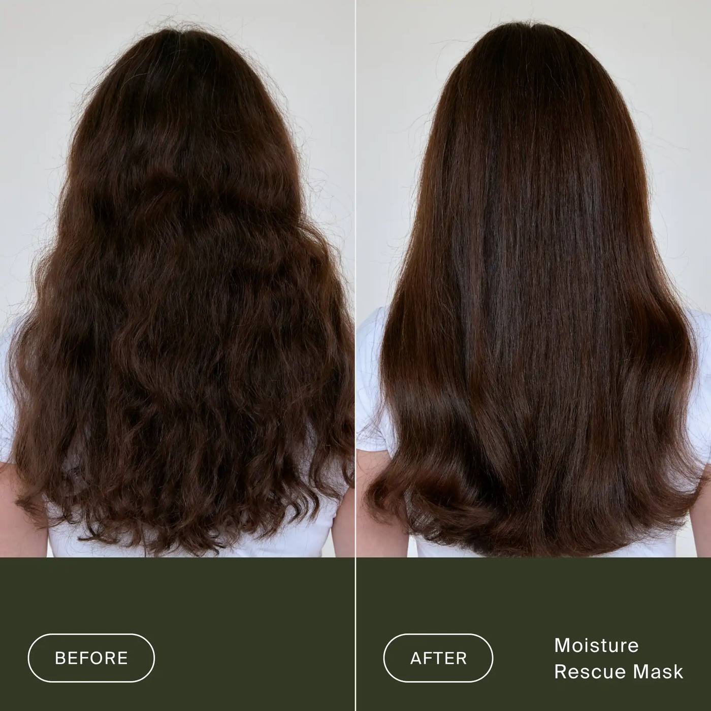 Before and after Living Proof Moisture Rescue Mask on long frizzy brunette hair for smooth shiny moisturized hair