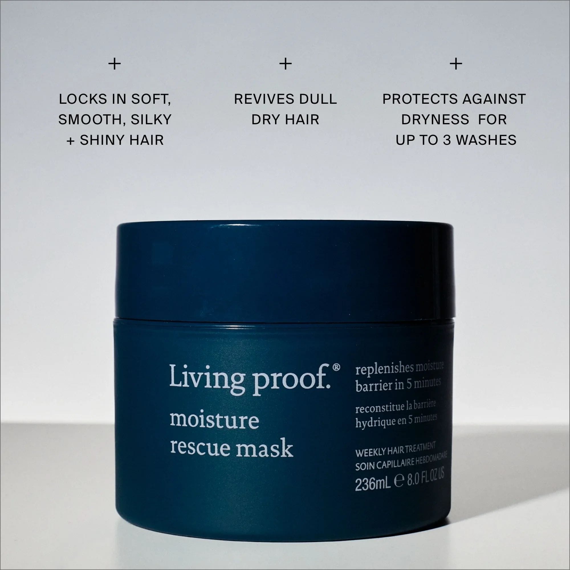 Living Proof Moisture Rescue Mask benefits for soft shiny hair that revives dryness and protects for up to 3 washes