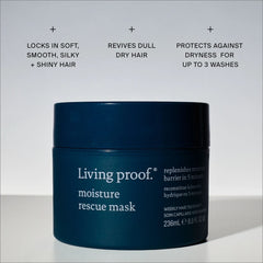 Living Proof Moisture Rescue Mask benefits for soft shiny hair that revives dryness and protects for up to 3 washes