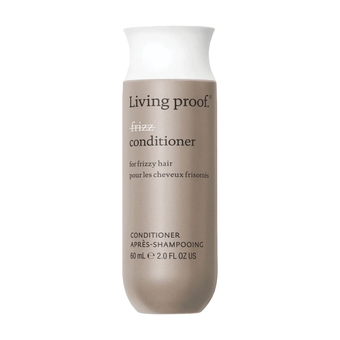 Living Proof No Frizz Conditioner 2 oz travel size smoothing conditioner bottle for frizzy hair on white