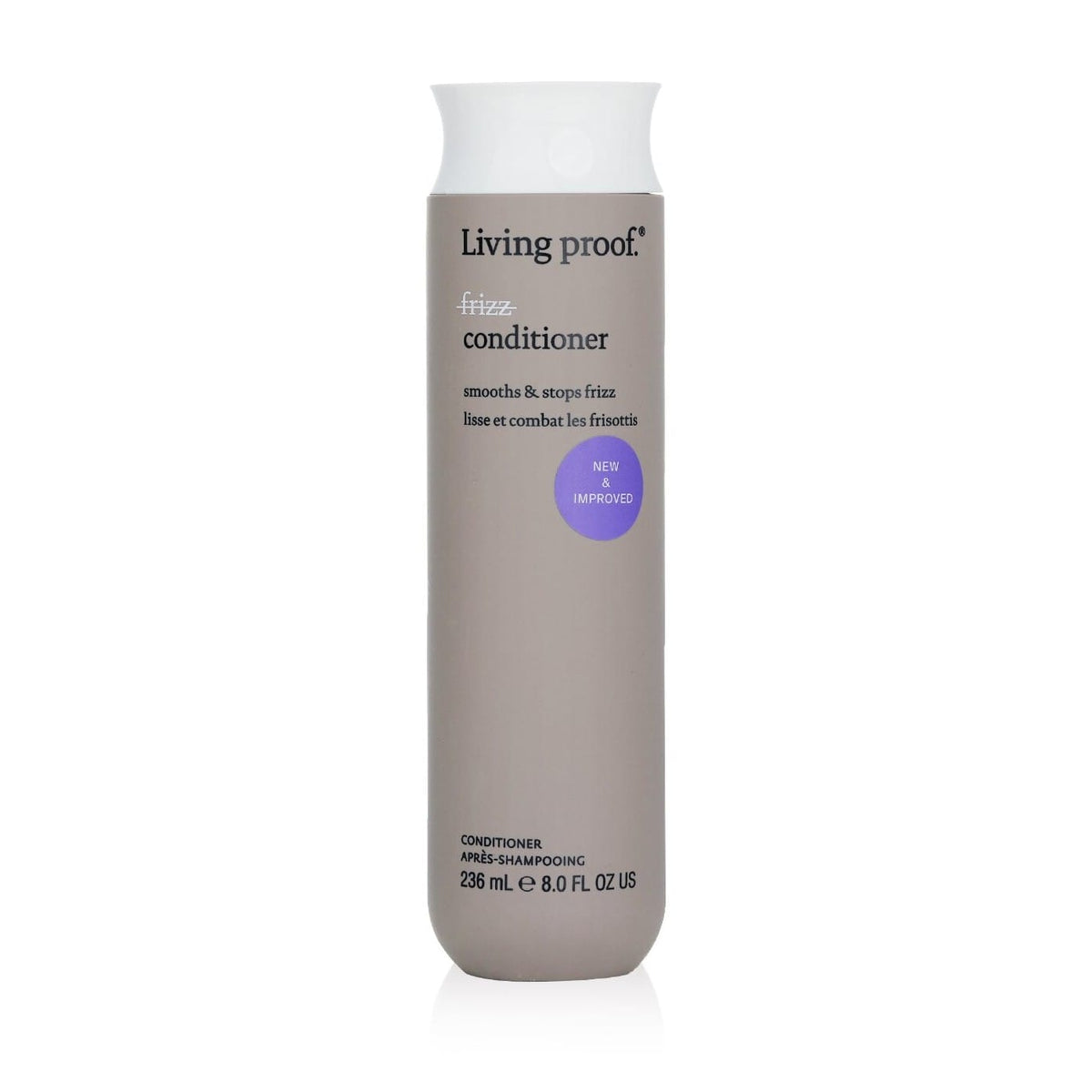 Living Proof No Frizz Conditioner 8 oz smoothing conditioner in round bottle with New and Improved badge on white