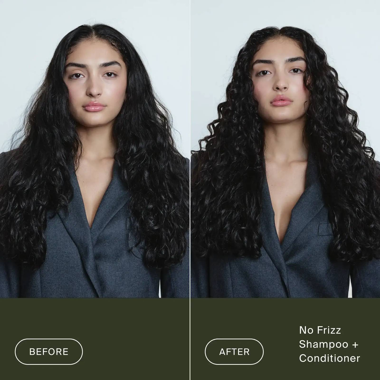 Before and after Living Proof No Frizz Shampoo and Conditioner on frizzy curly hair for smooth defined curls