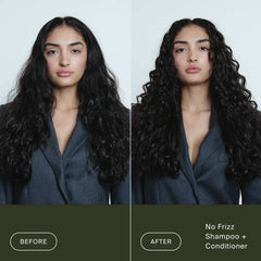 Before and after Living Proof No Frizz Shampoo and Conditioner on frizzy curly hair for smooth defined curls